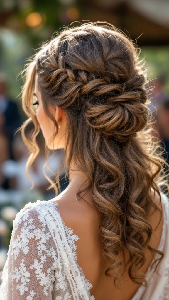 A half-up bun hairstyle with cascading curls, perfect for bridesmaids.