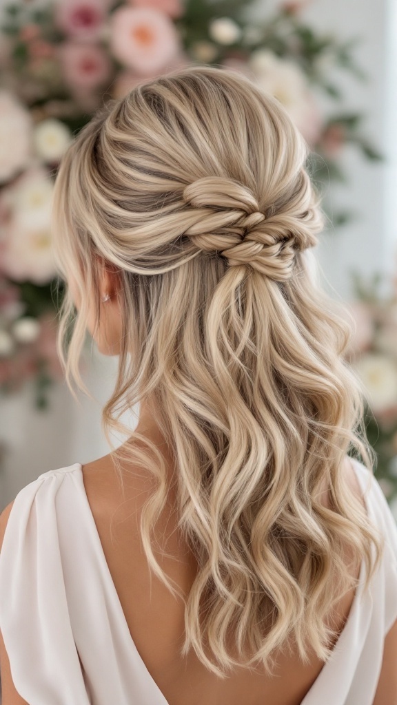 Half-up half-down hairstyle with wispy bangs, featuring soft curls and a romantic vibe, suitable for a bridesmaid.
