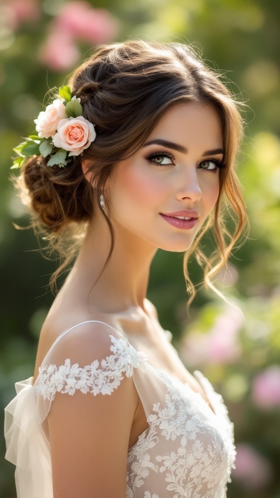 A bride with a half-up, half-down hairstyle decorated with flowers