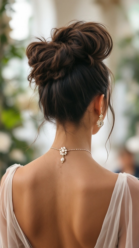A close-up view of a bridesmaid hairstyle featuring a high knot with elegant accessories.