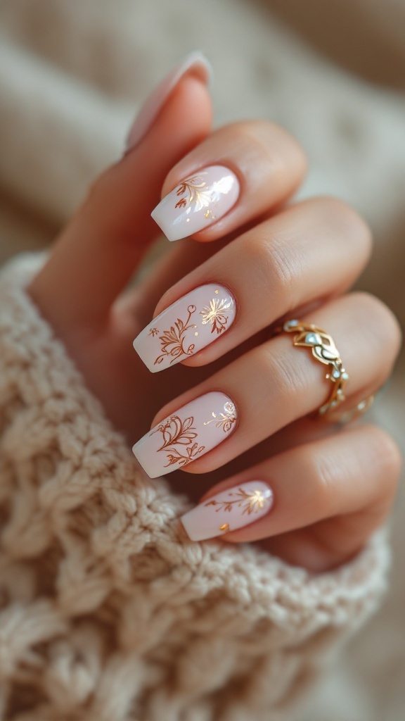 A close-up of adorned wedding nails featuring intricate gold designs on a light pink background
