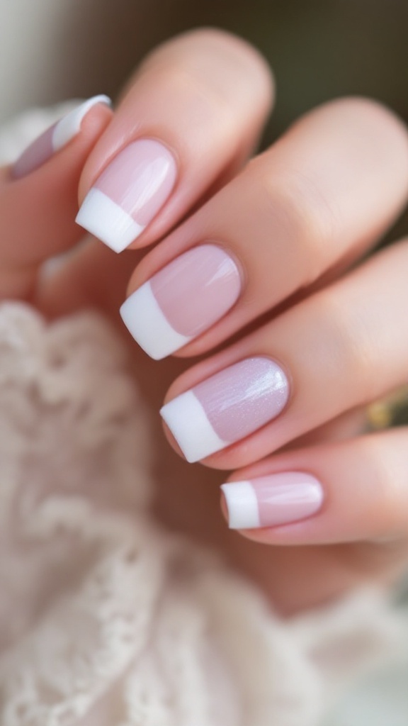A close-up of a hand with lavender French manicure on nails, resting on a fluffy blanket.