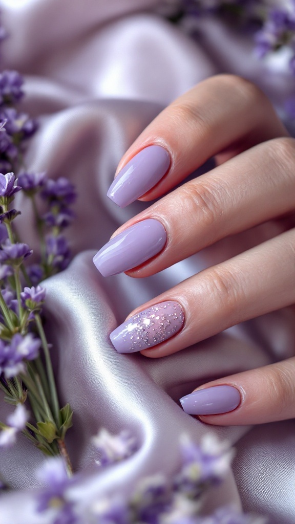 Close-up of hands with lavender glitter accent nails, surrounded by small lavender flowers