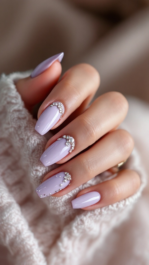 Lavender nails with rhinestones design