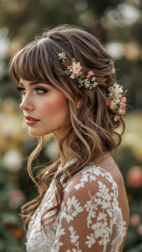 Bridesmaid hairstyle featuring layered hair with baby bangs and floral accessories
