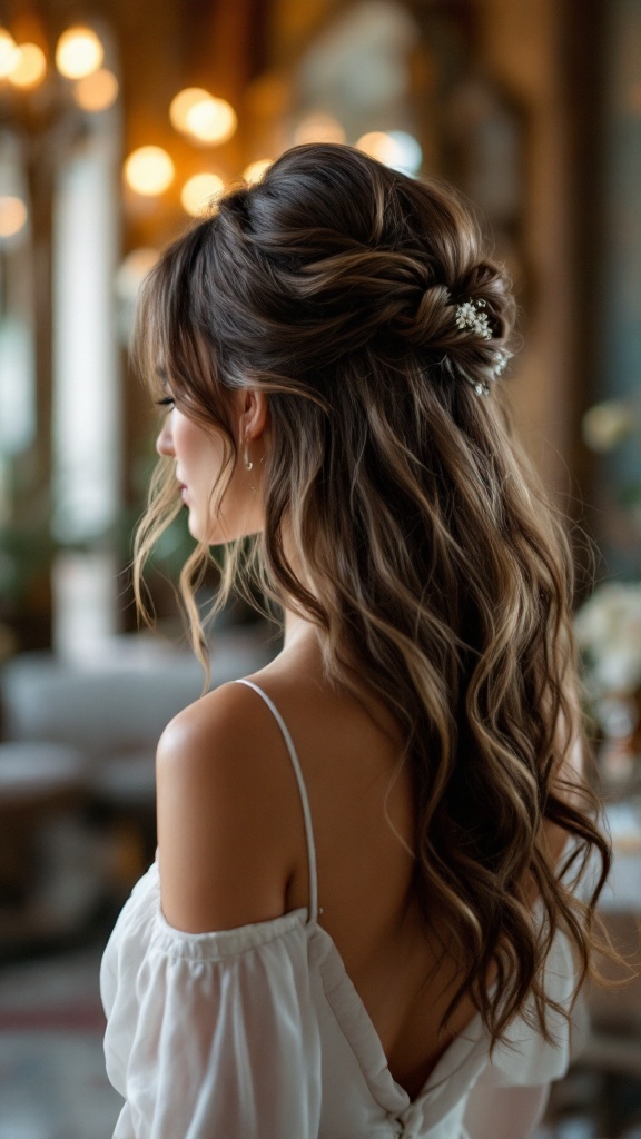 A bride's maid showing off layered hair with natural movement, featuring soft curls and a delicate hair accessory.