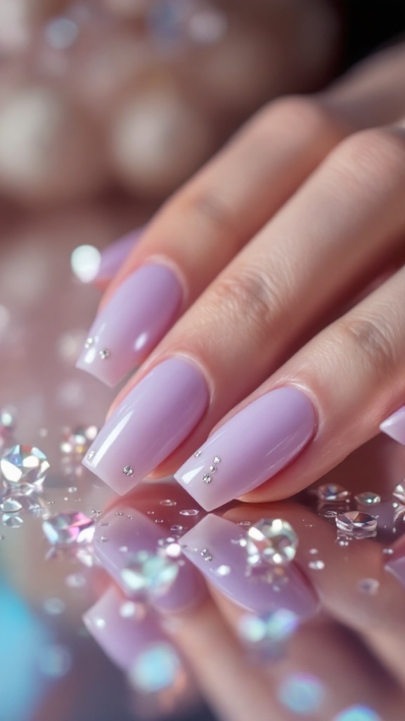 A hand with light lilac nails adorned with rhinestones resting on a reflective surface.