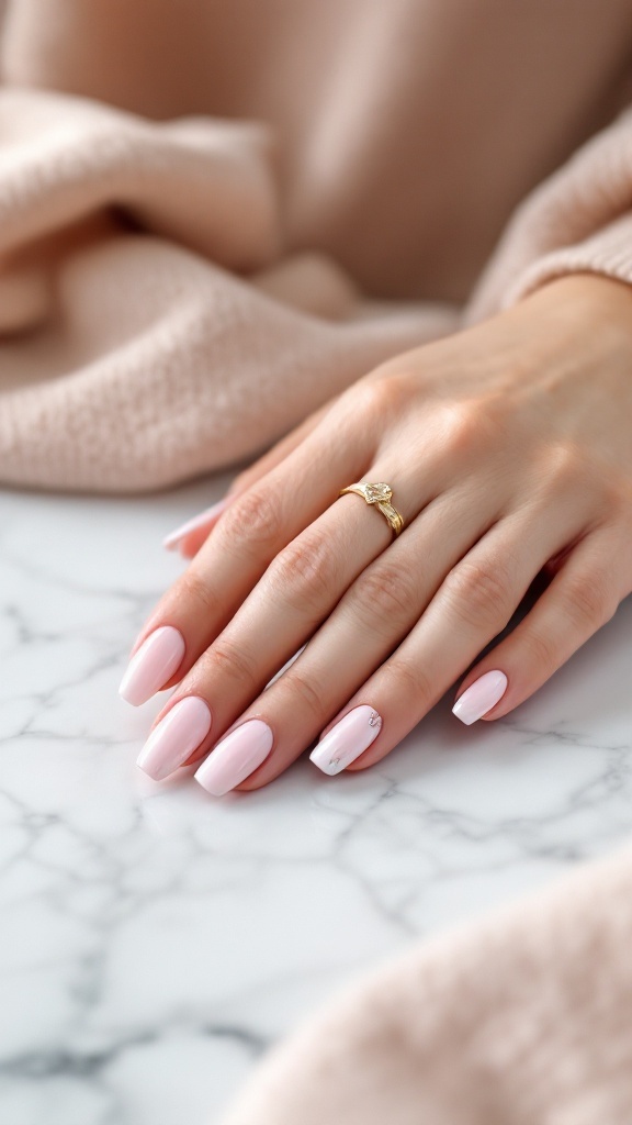 A hand with light pink nails, featuring an accent nail with gold foil design, resting on a marble surface.
