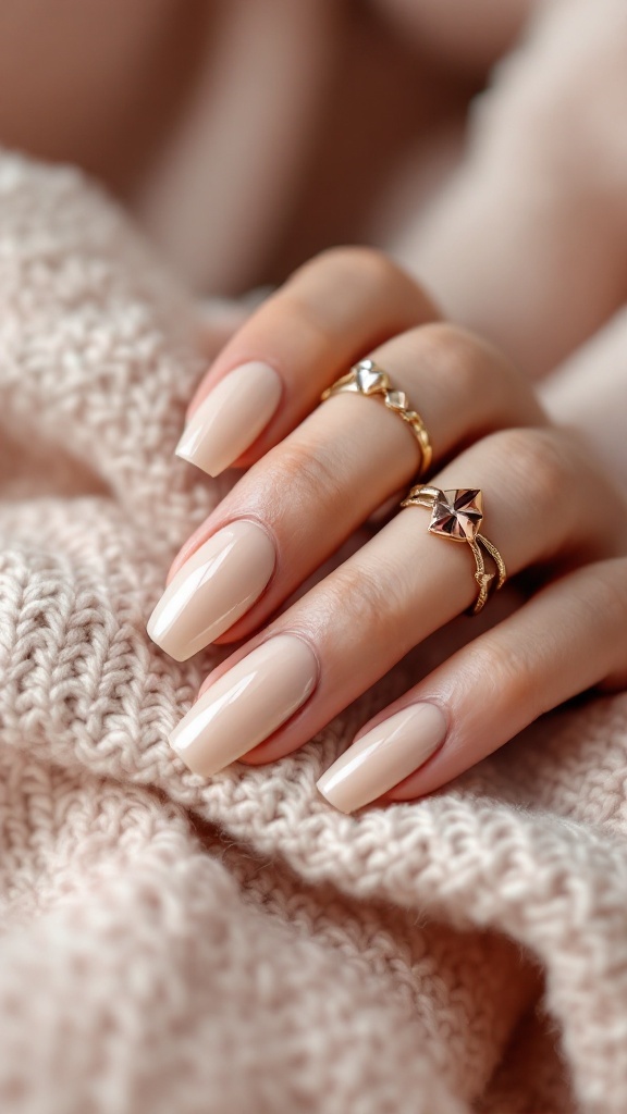 Close up of manicured nails in light taupe with geometric nail art and gold rings.