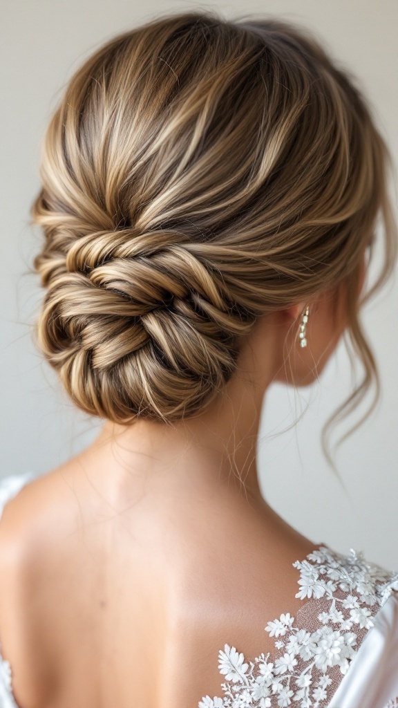 A low bun hairstyle featuring a fishtail braid, suitable for bridesmaids.