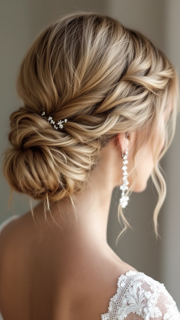 A close-up of a low bun hairstyle with loose tendrils, adorned with a delicate hairpin.