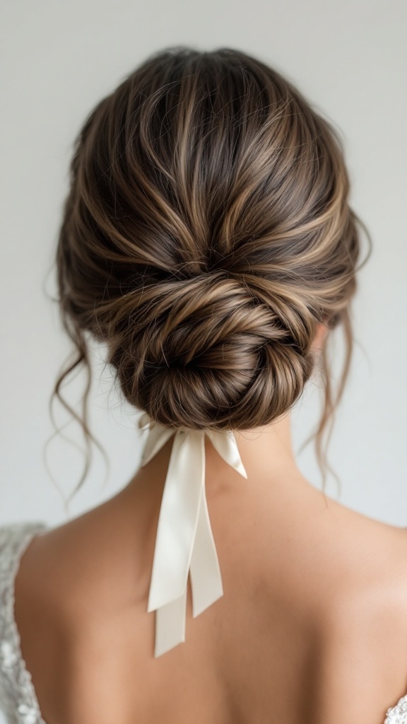A low bun hairstyle adorned with a satin ribbon, styled elegantly at the back of a woman's head.