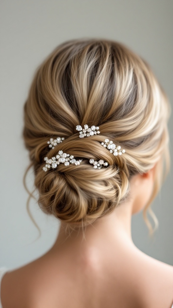 A low bun hairstyle adorned with sparkly pins, viewed from the back.