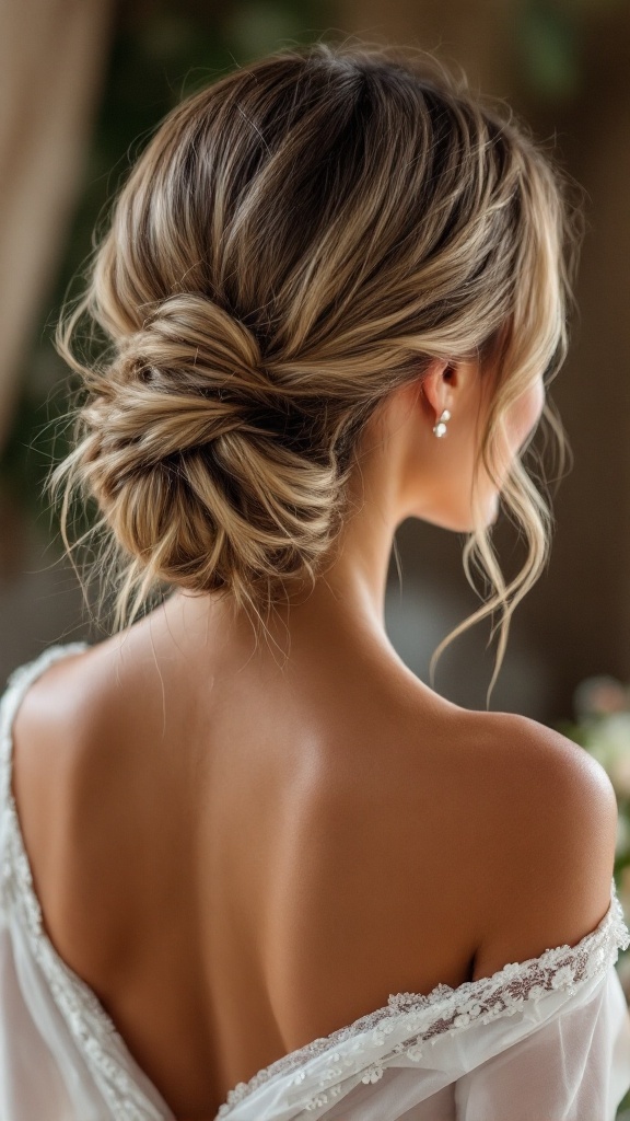 A low messy bun hairstyle with soft tendrils on a bridesmaid, showcasing elegance and a relaxed vibe.