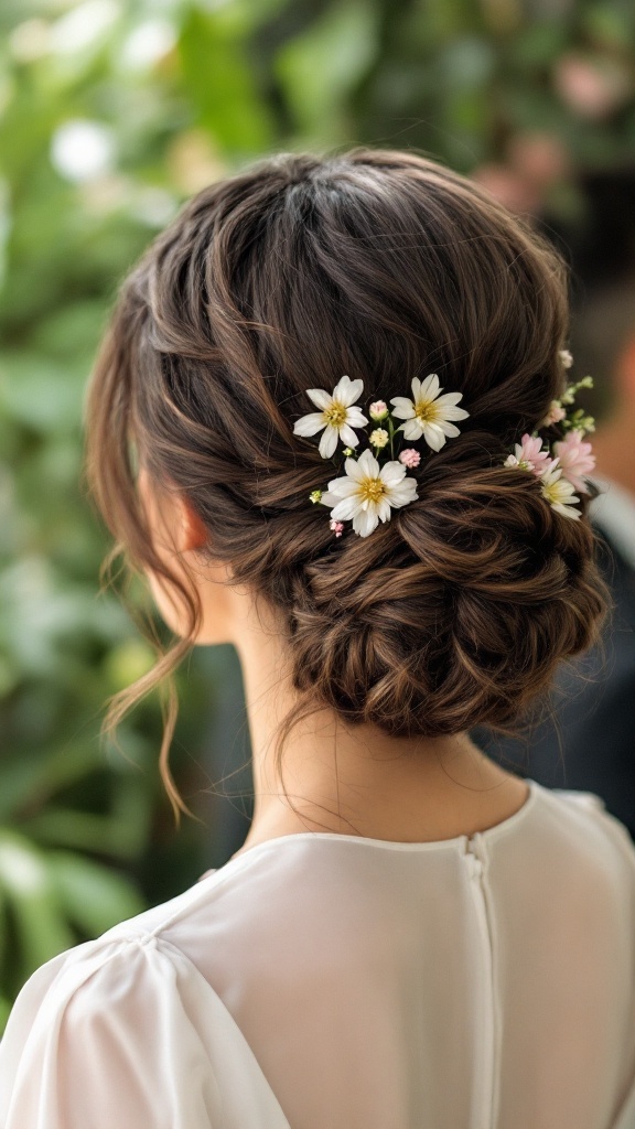 A low textured bun hairstyle adorned with small white and pink flowers.