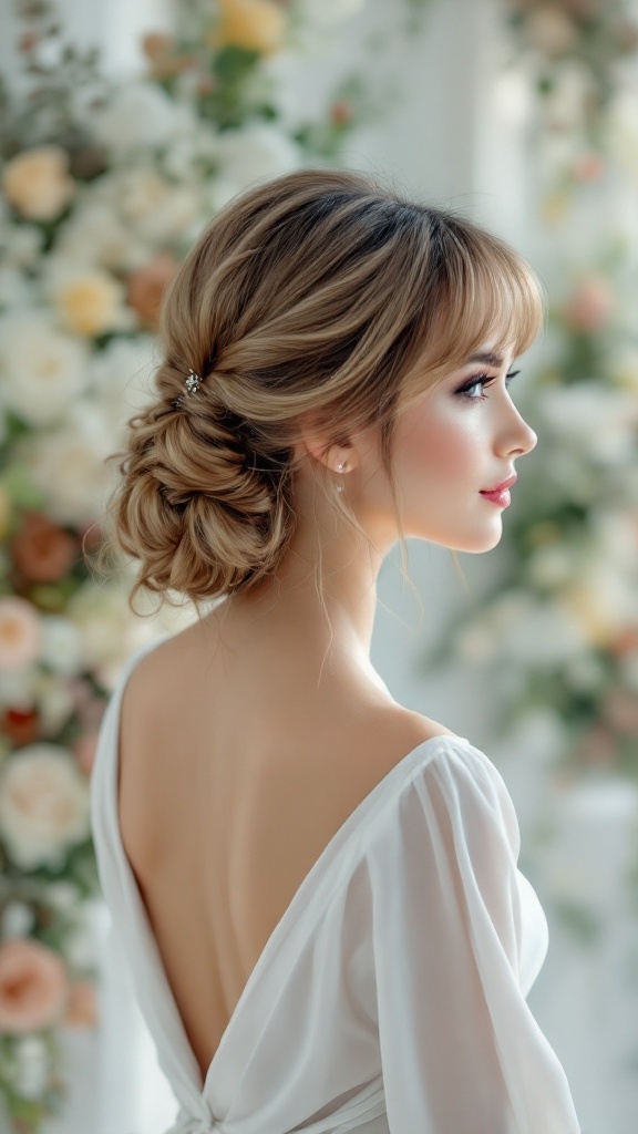 A bride's maid with a low twisted bun and short bangs, showcasing a soft and elegant hairstyle.