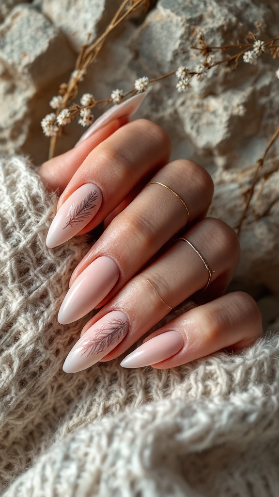 A close-up of elegant matte finish nails with feather art, set against a soft knitted fabric and natural elements.