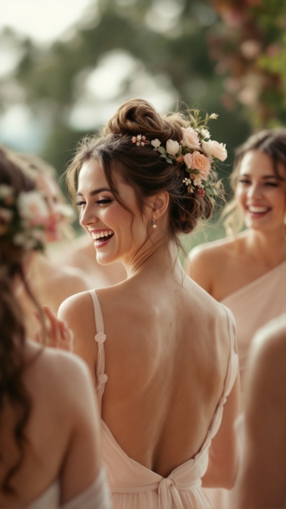 Bridesmaid with a messy bun hairstyle decorated with flowers, smiling while surrounded by other bridesmaids.