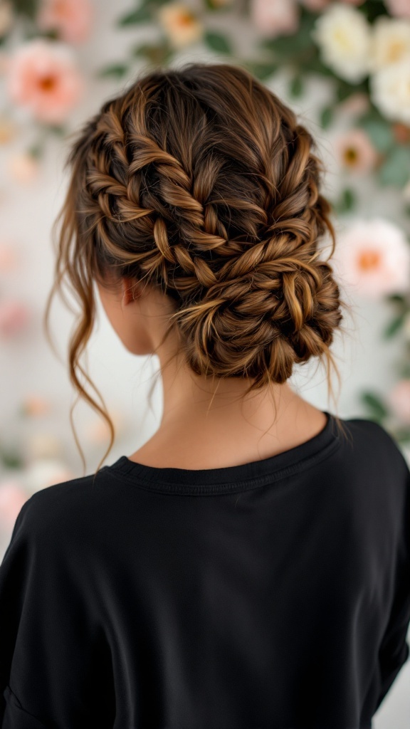 A woman with a messy low bun and braided hairstyle, with soft tendrils framing her face.