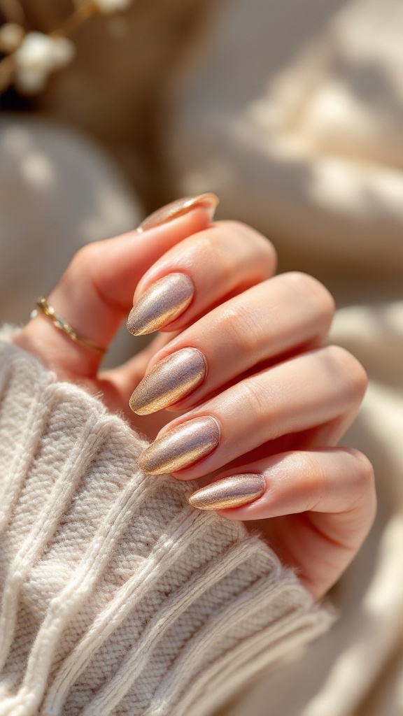 A close-up image of hands with metallic gold and rose-colored nails, resting on a knitted fabric.