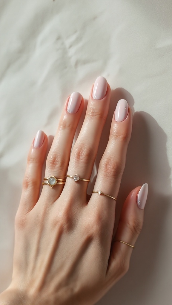 A close-up of a hand with minimalist pale pink nails and gold rings, showcasing a simple and elegant boho wedding style.