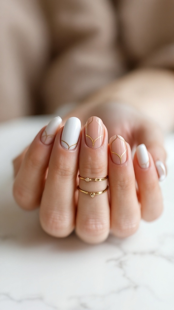 Minimalist white and gold nail designs with delicate patterns