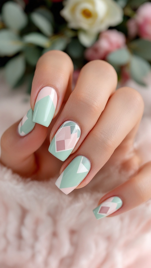 Mint and pink geometric patterned wedding nails with floral background.