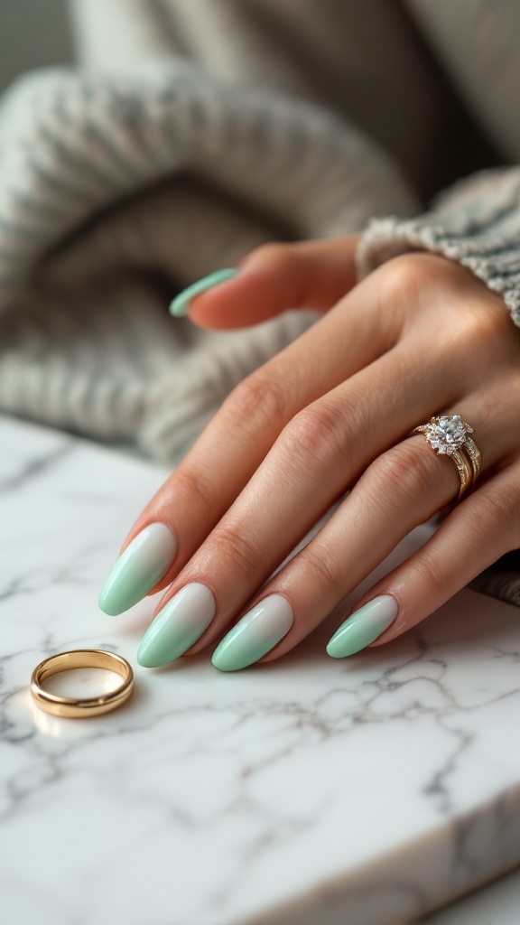 A hand with mint green French tip nails resting on a marble surface next to a gold wedding ring.