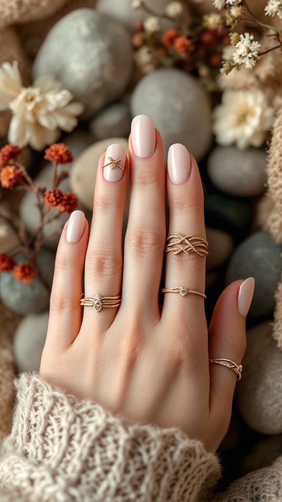 A hand with natural nude nails and twine accents, adorned with rings, set against a backdrop of flowers and stones.