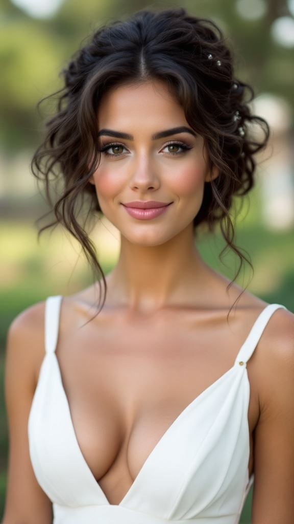 A bridesmaid with soft, tousled curls and a natural makeup look, embodying effortless elegance.