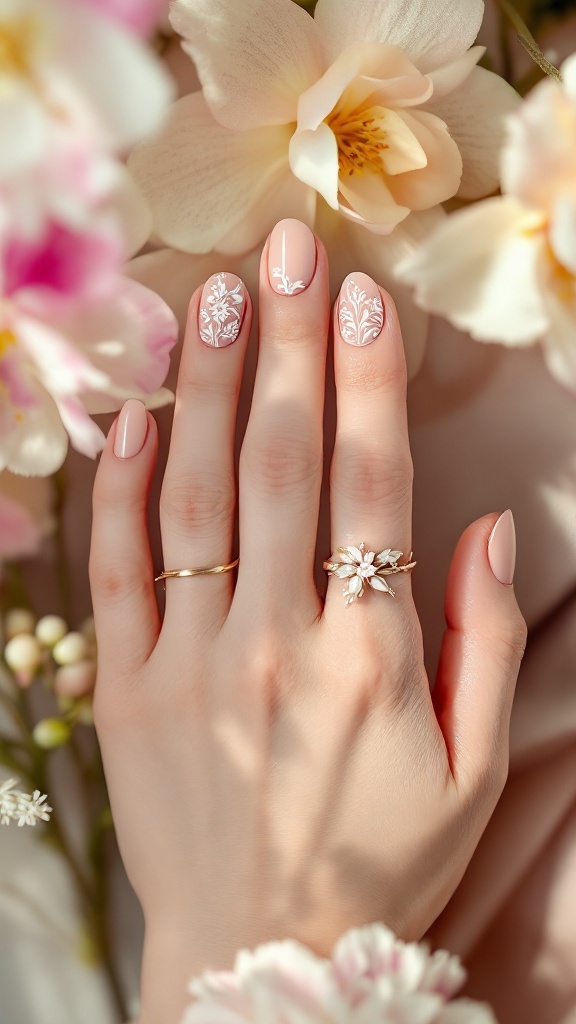 Close-up of a hand with nude nails featuring floral stencils, surrounded by soft flowers.