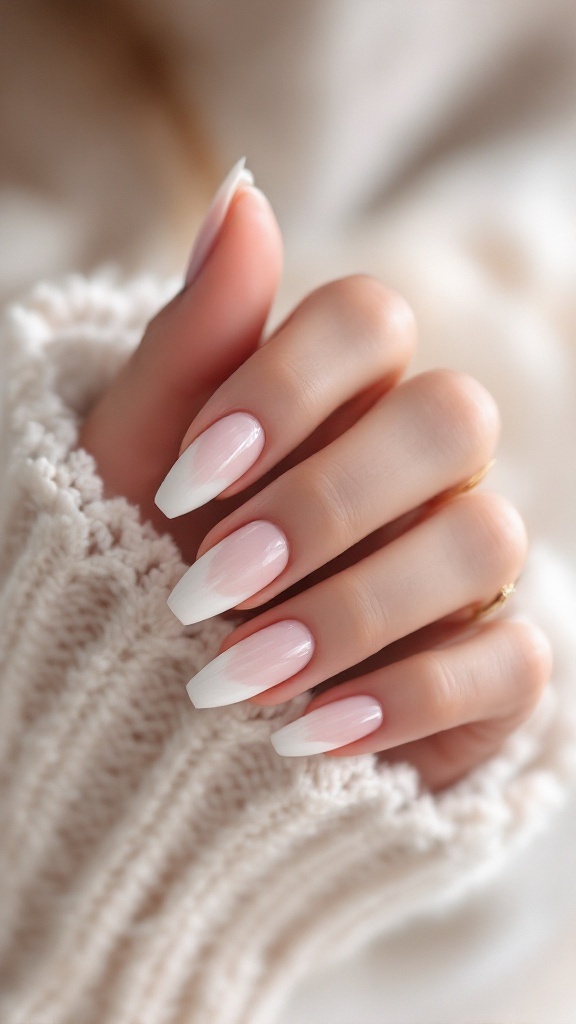 Ombre light pink and white wedding nails on a hand with a cozy sweater