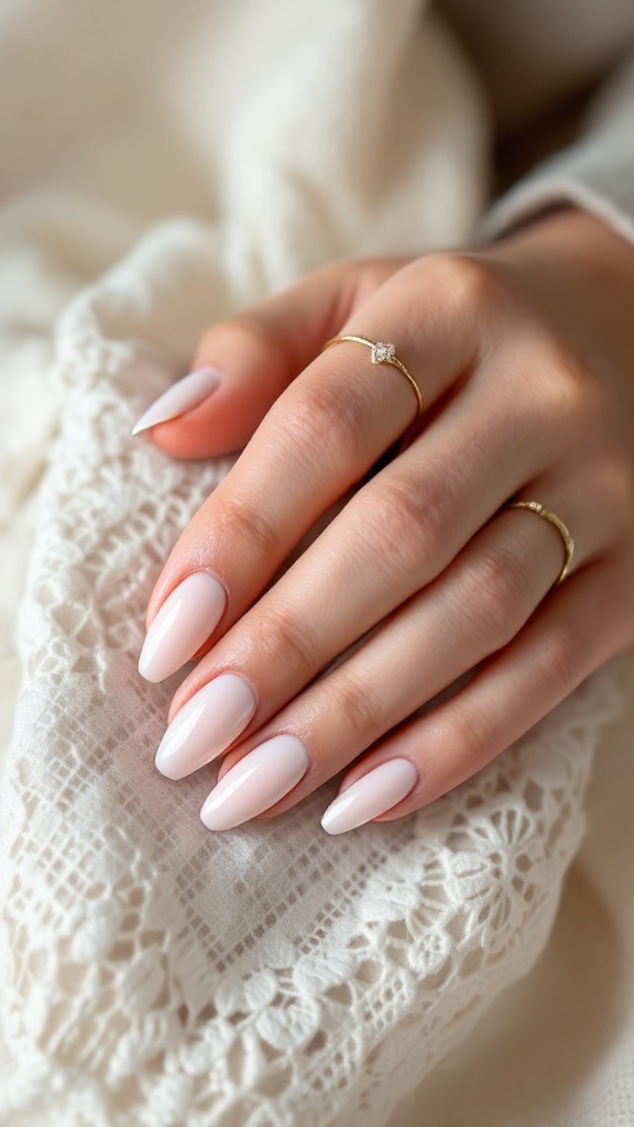 A hand with pale peach nails featuring a pearl finish, resting on a light-colored fabric.
