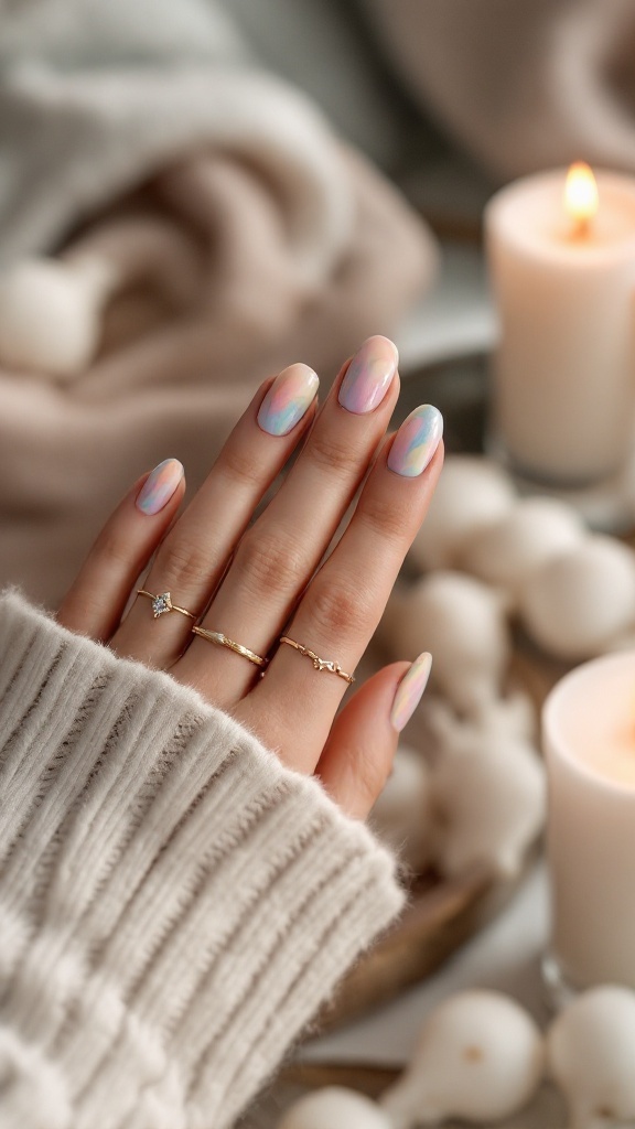 Nails with pastel rainbow marble effect, adorned with delicate gold rings.