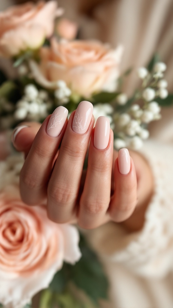 Close-up of hands with peachy neutral nails featuring a textured finish, surrounded by soft pink roses.
