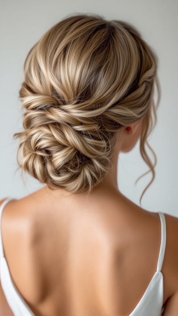 A polished low bun hairstyle with soft curls framing the face, viewed from the back.