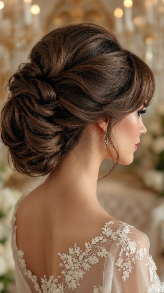 A woman with a puffed updo and dramatic bangs, showcasing an elegant hairstyle for bridesmaids.