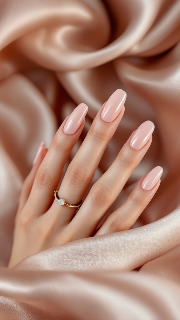 Elegant blush pink nails on a hand with a gold ring, resting on soft fabric