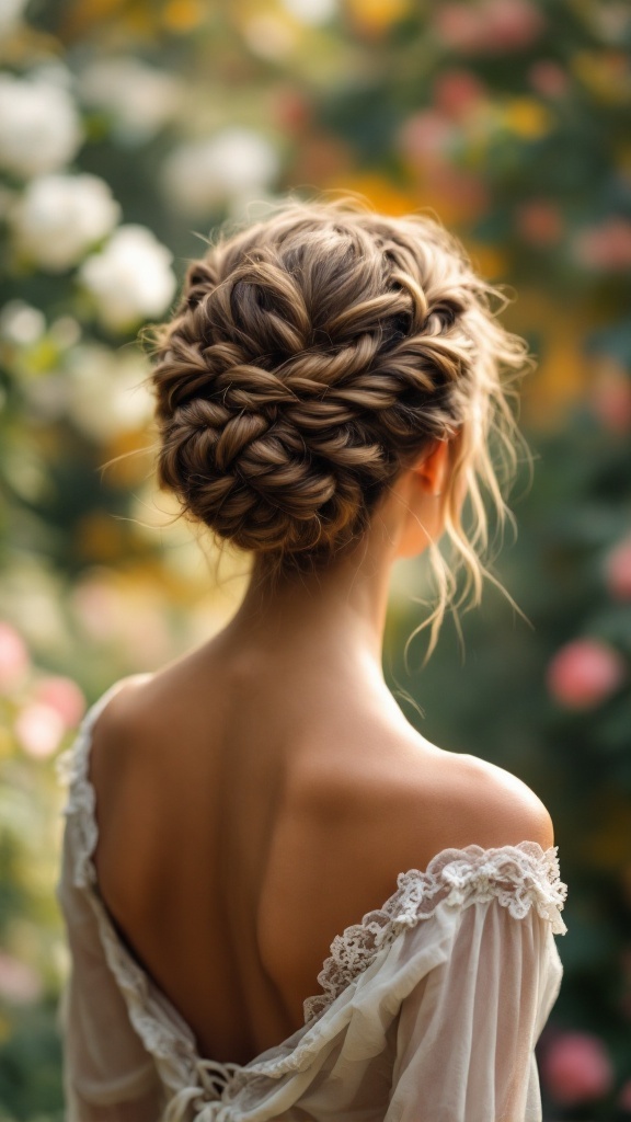 A romantic braided crown bun hairstyle, featuring intricate braiding and soft strands framing the face.