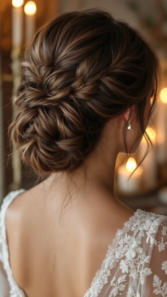 A romantic chignon hairstyle with fringe bangs, featuring a low braided bun and soft, face-framing bangs.