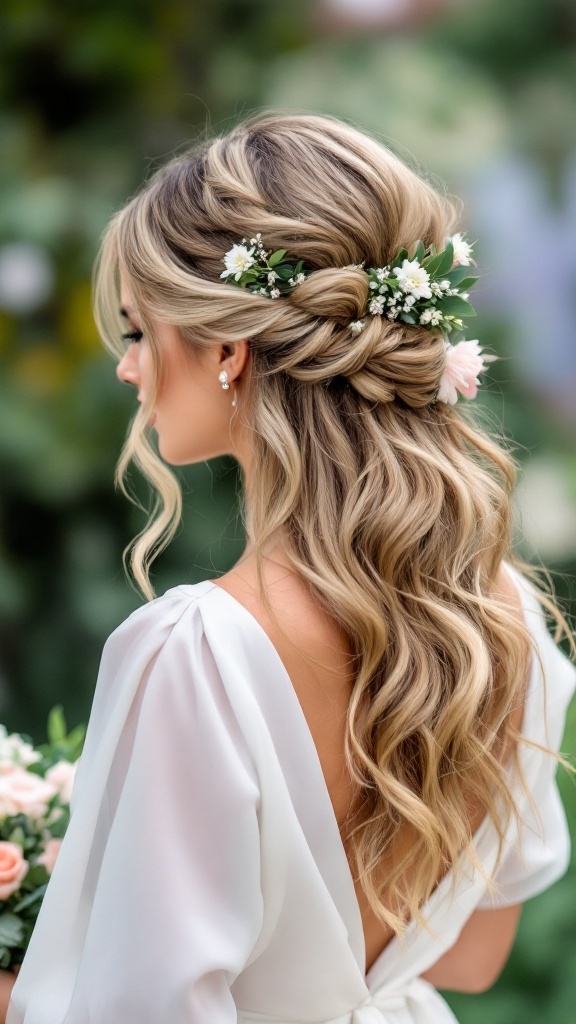 A woman with a romantic half-up half-down hairstyle adorned with flowers.