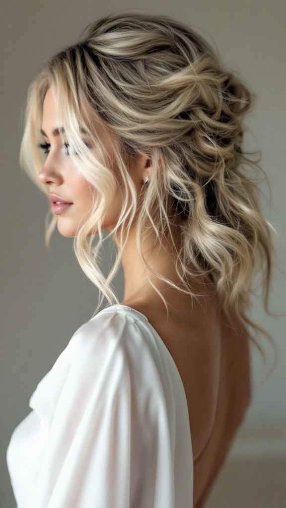 A woman with loose waves hairstyle wearing a one-shoulder dress