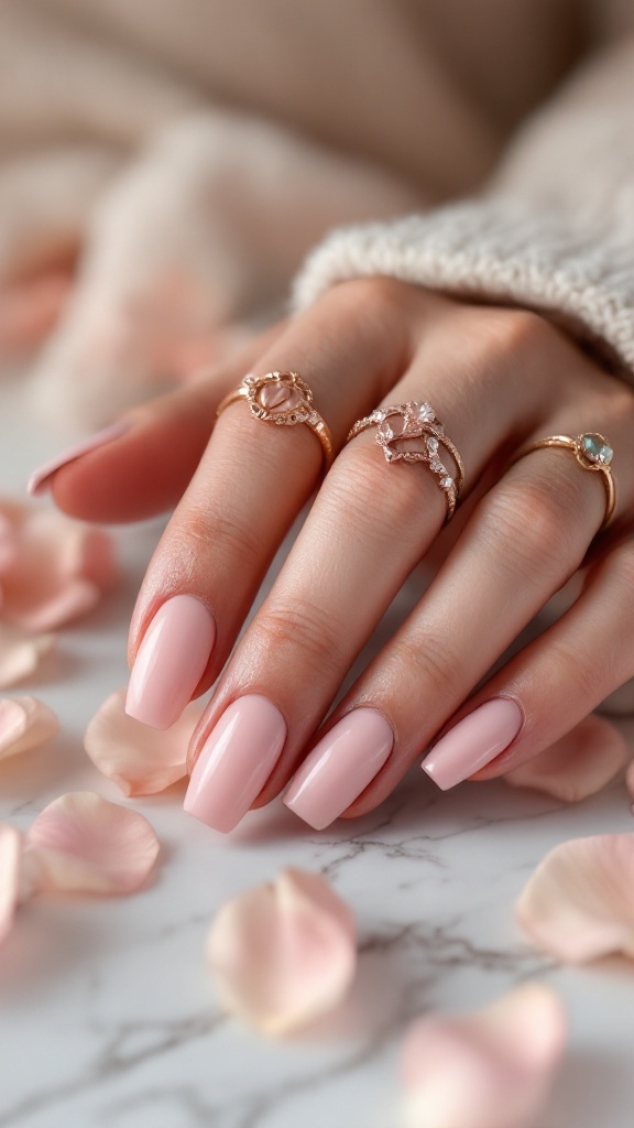 Close-up of hands with blush nails and rose gold rings, surrounded by rose petals.