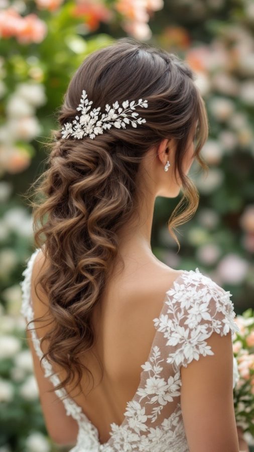 Bridesmaid with elegant side-swept curls adorned with a delicate hairpiece