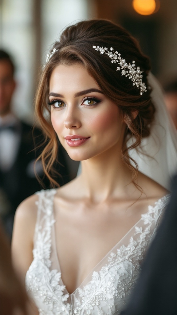 A bride showcasing a side-swept hairstyle with delicate hair accessories.