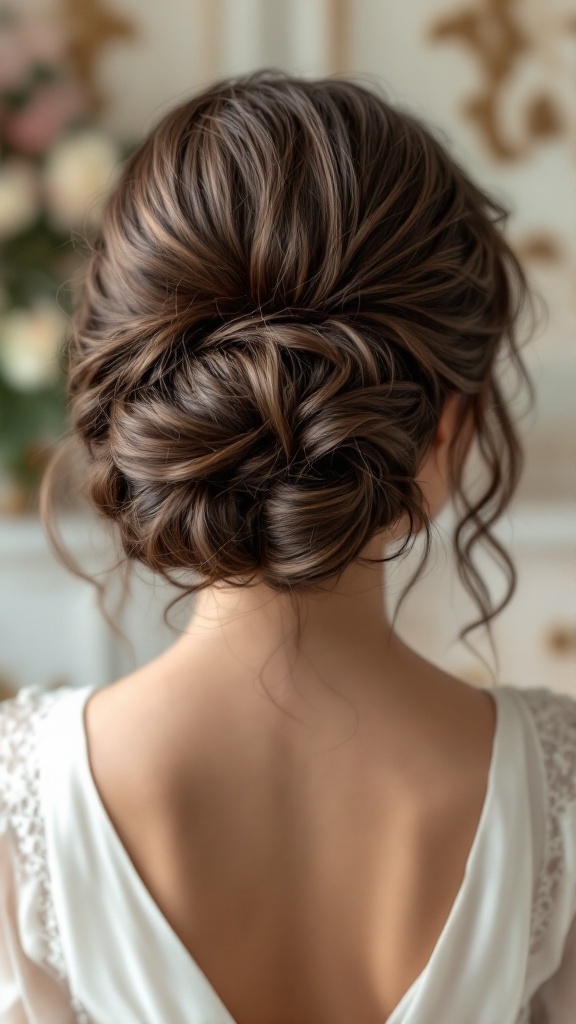A beautiful side bun hairstyle styled with soft waves, perfect for a bridesmaid with vintage vibes.