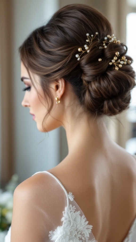 A beautiful woman with a sleek high bun hairstyle decorated with gold accents, viewed from the side.