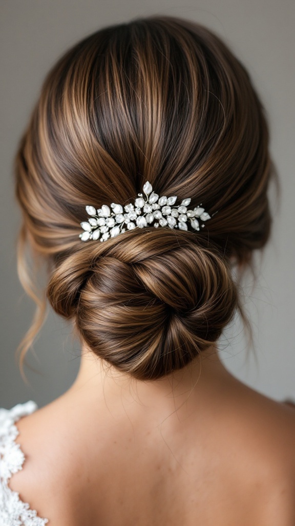 A sleek low bun hairstyle adorned with a decorative headband, showcasing smooth hair texture and an elegant look.