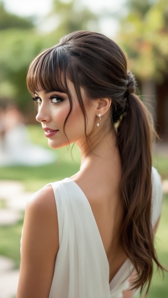 A bride's maid with a sleek ponytail and blunt bangs, showcasing elegance in a serene outdoor setting.