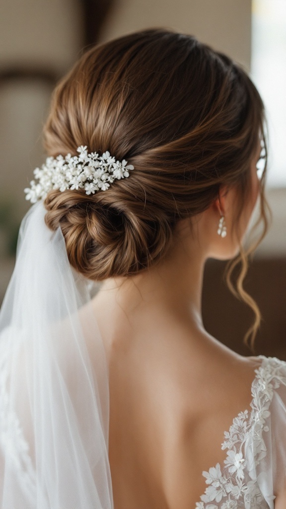 A back view of a woman with a soft bun hairstyle adorned with a floral clip and a tulle veil.